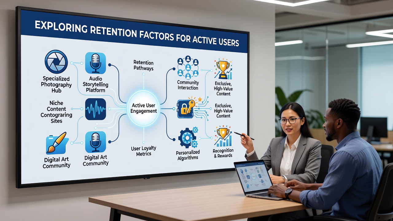 Dashboard displaying retention metrics and engagement analytics for content sharing sites