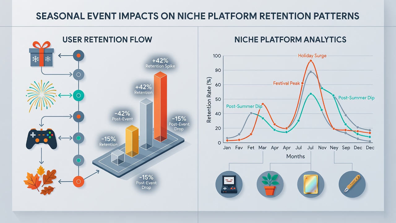Dashboard interface displaying seasonal retention curves for various niche online communities and platforms