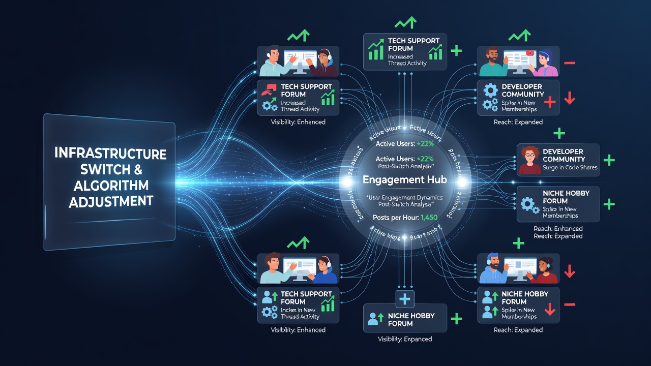 User Engagement Dynamics in Specialized Digital Forums After Infrastructure Provider Switches and Visibility Algorithm Adjustments